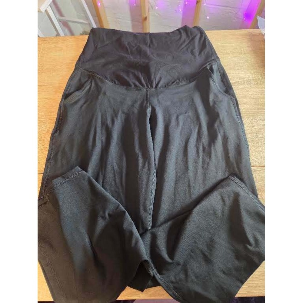 G4Free Women Black Maternity Yoga Pants Over Belly High Waisted Pockets 28Inseam